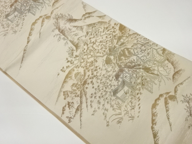 山並に草木・民家風景模様織出し名古屋帯